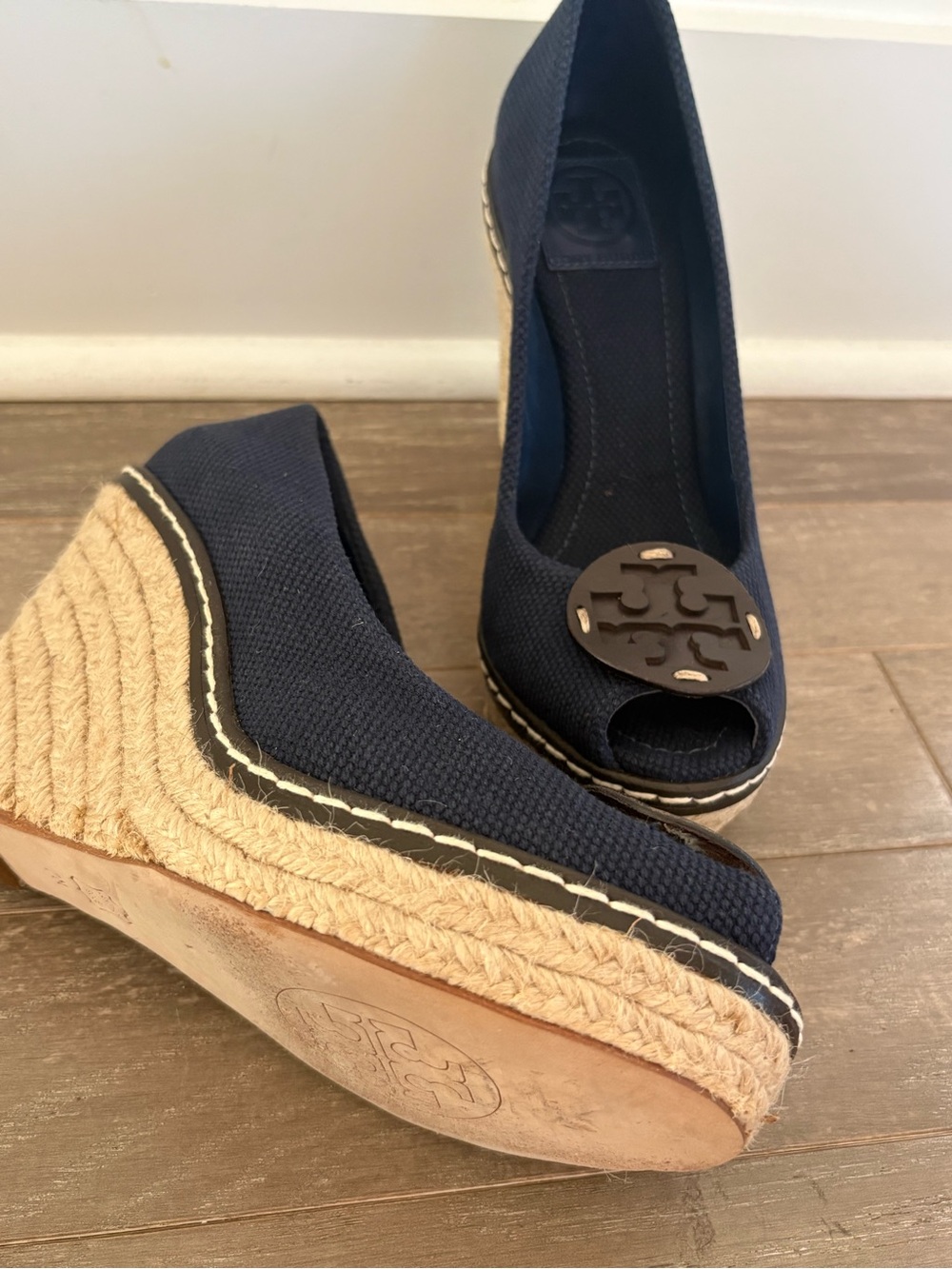 Tory Burch Navy Canvas Espadrille Wedge Peep Toe Heels Size 7M - Picture 2 of 7
